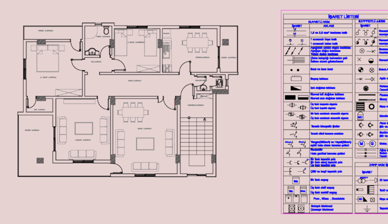 Apartment Floor Plan with Comprehensive Turkish Electrical Symbol Legend