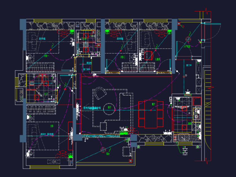 CAD floor plan of an apartment showing furniture, lighting symbols, and electrical wiring connections.