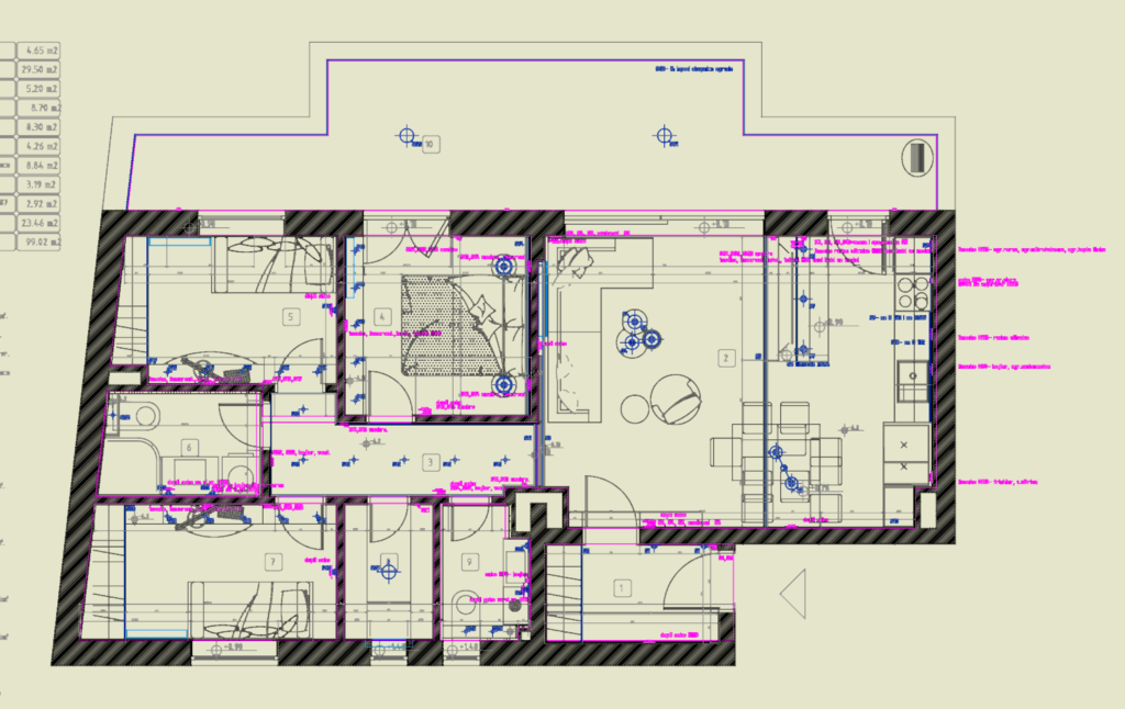 Technical floor plan of a residential apartment showing electrical symbols for lighting and sockets.