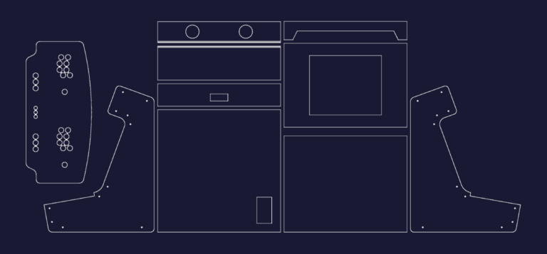 CAD drawing showing nested panels for an arcade cabinet, including side pieces and a control deck with button holes.
