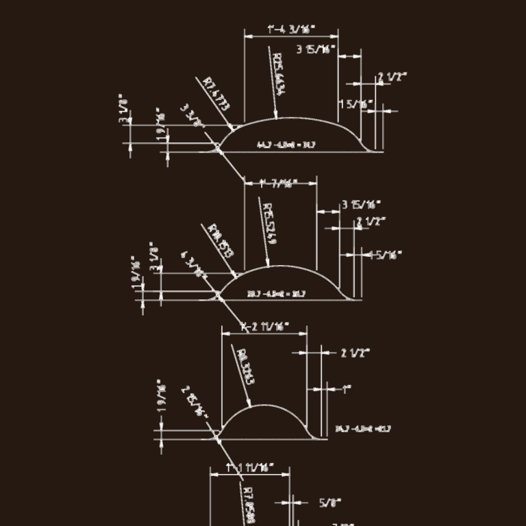 CAD drawing showing four different arched door moulding profiles with dimensions and radii.