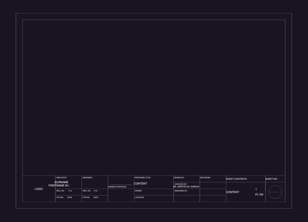 A3 architectural title block template with sections for project name, architect, and revision details.