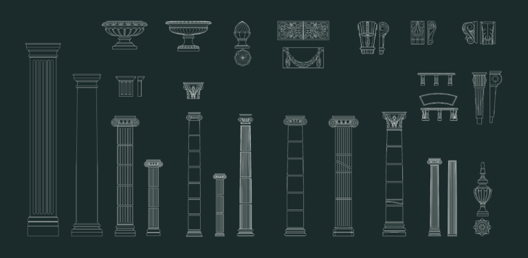 Elevations of classical fluted columns, capitals, vases, and ornate stone architectural details.