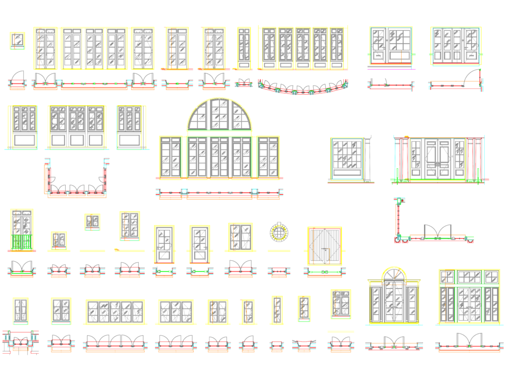 CAD drawing showing various architectural door and window elevations and their corresponding floor plan symbols.