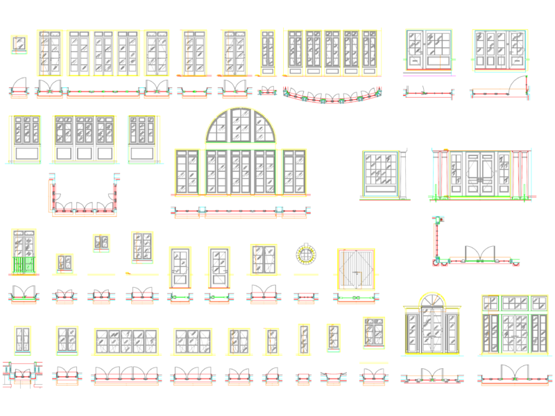 Architectural Door and Window Set with Elevations and Plan Blocks
