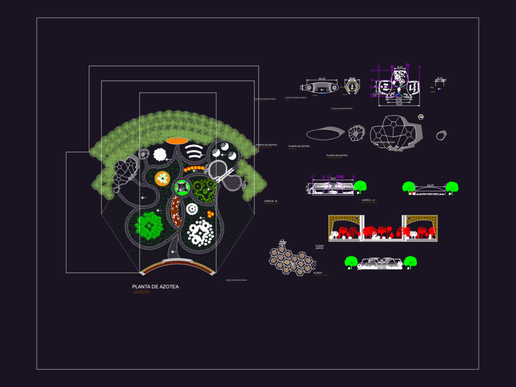 Architectural floor plans and sections for a botanical garden and greenhouse project.