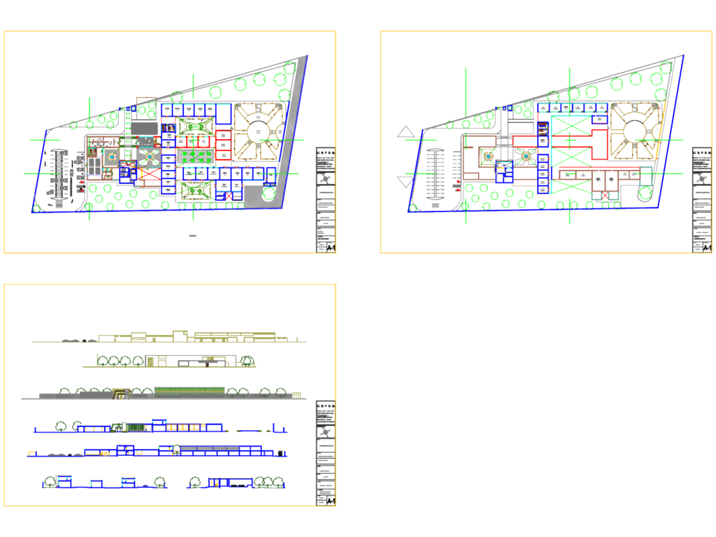 Floor plans and long exterior elevations for a school building with workshop spaces and an auditorium.