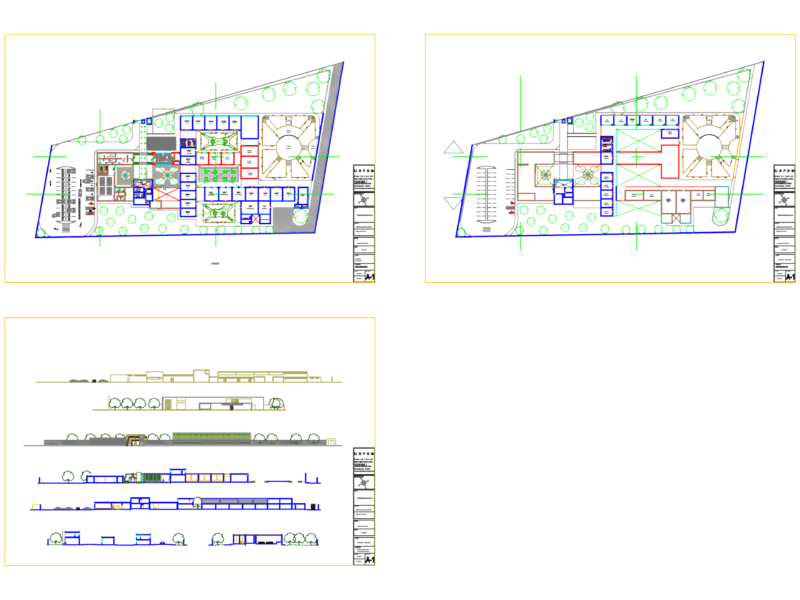 Architectural floor plans and elevations for an arts school