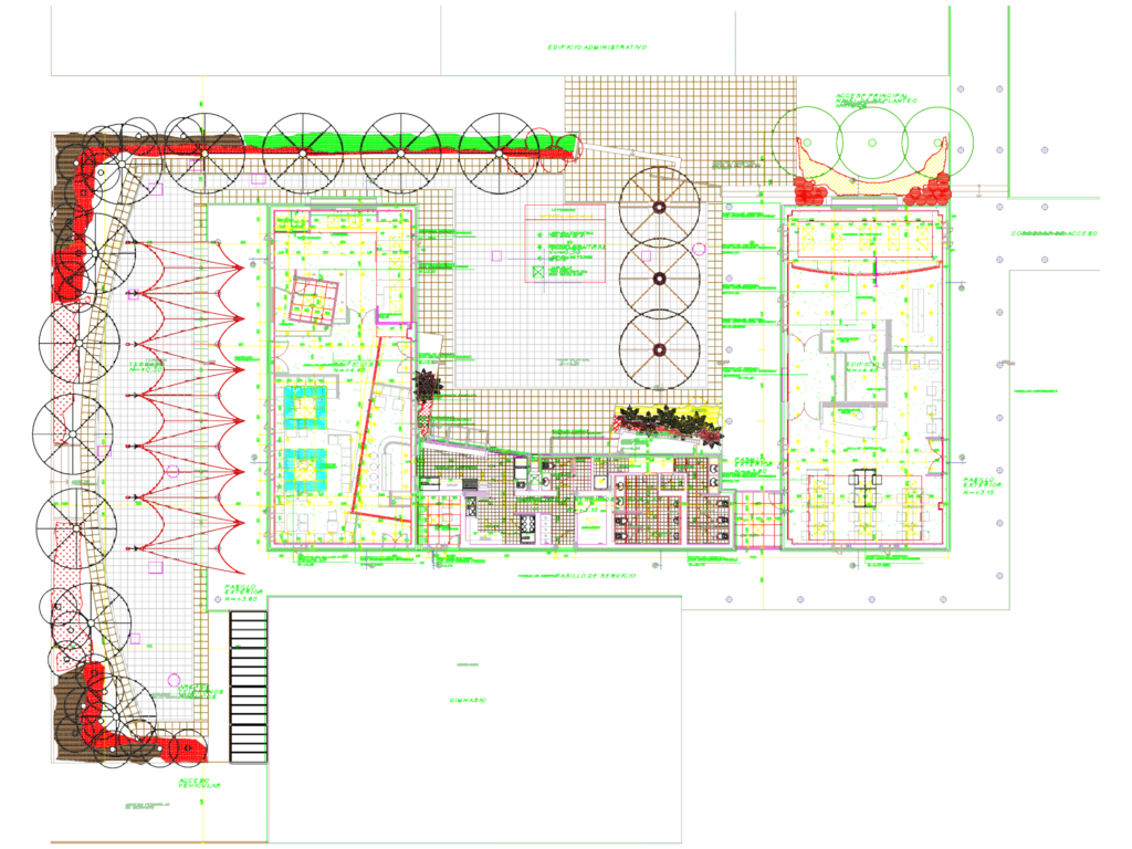 Architectural CAD drawing showing the layout of a university student services building with courtyards and floor plans.