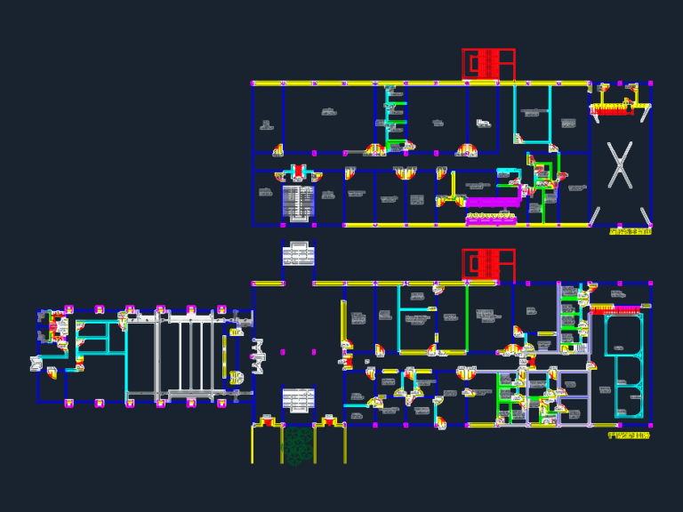 Detailed architectural drawings of an audiovisual center including floor plans, sections, and facades.