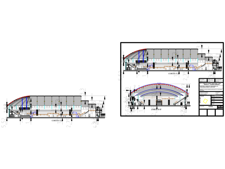 Architectural sections of a 1500 capacity indoor stadium showing bleacher tiers and roof structure.
