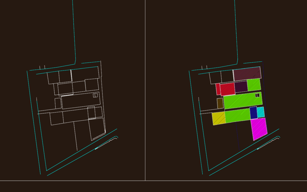 2D architectural site plan showing colored hatched building footprints and boundary lines.