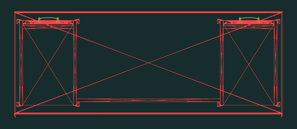Wireframe top view of a classic office desk with two sets of side drawers and handles.