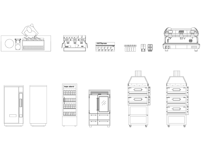 CAD drawings of bar equipment including a Sub-Zero refrigerator, espresso machines, and pizza ovens.