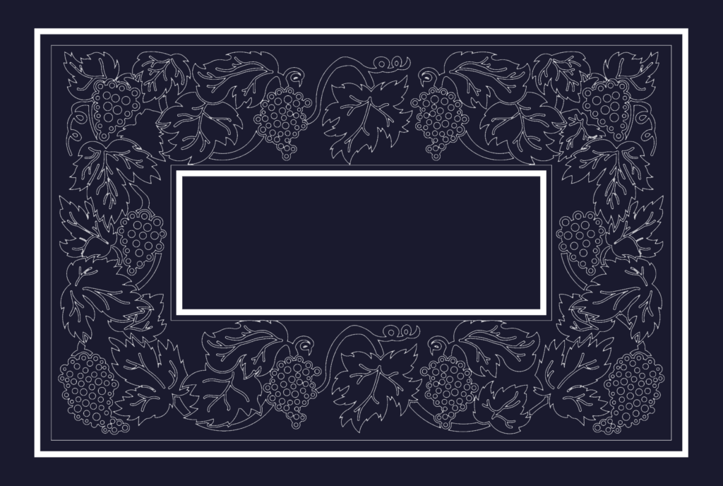 Decorative metal grill panel design featuring a grapevine and leaf motif for architectural screening.