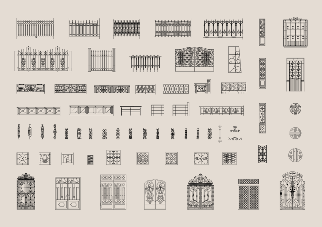 Various CAD blocks for decorative metal gates, fences, and railing designs in elevation.