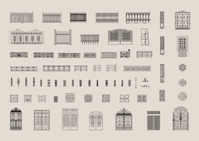 Various CAD blocks for decorative metal gates, fences, and railing designs in elevation.