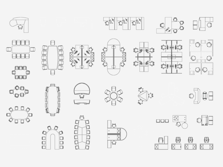 2D plan view CAD blocks of office furniture including desks, chairs, and conference tables.