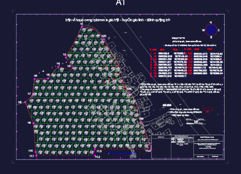 As-built survey plans for landmine clearance in Vietnam featuring coordinate tables and plot boundaries.