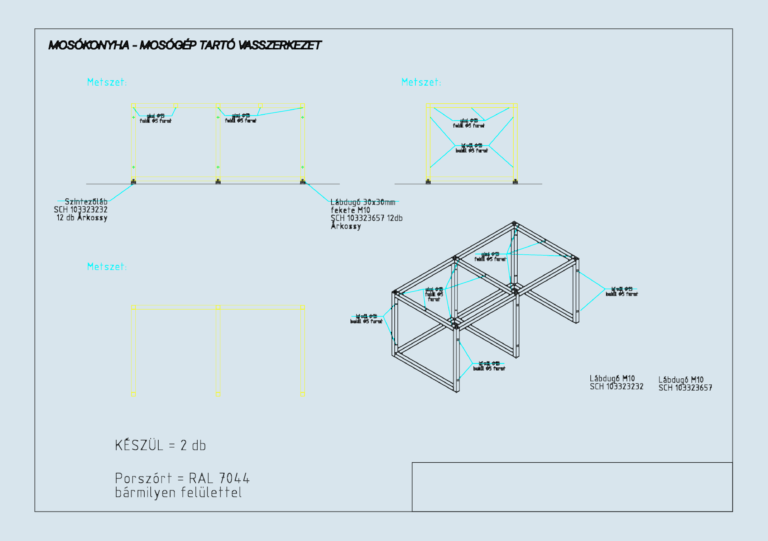 3D wireframe view of a triple-section steel support frame for laundry machines with technical callouts.