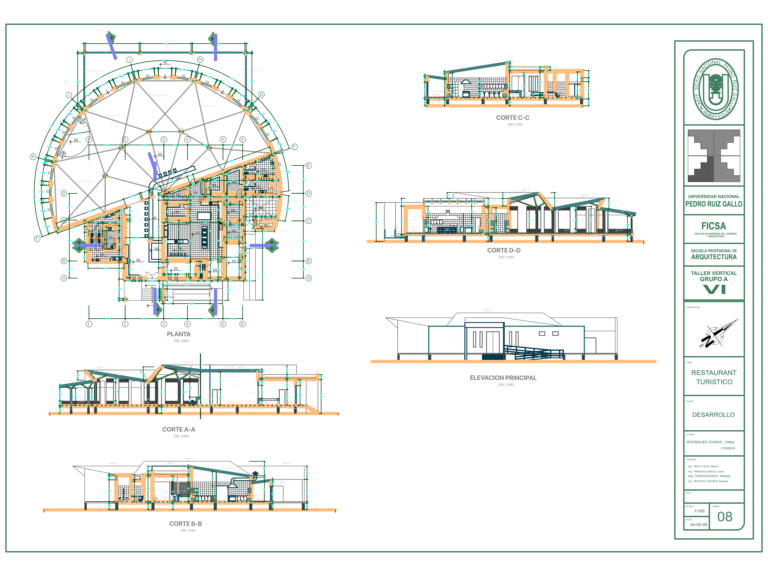 Architectural drawing showing a circular restaurant floor plan, four cross-sections, and a front elevation.