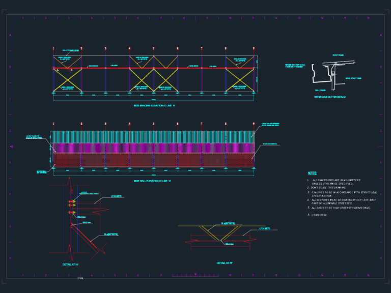 Side wall elevation and bracing details including IPN 270 girts and angle bracing for a steel building.