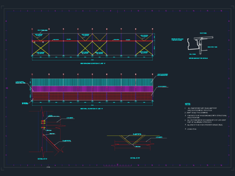 Side wall elevation and IPN 270 bracing details
