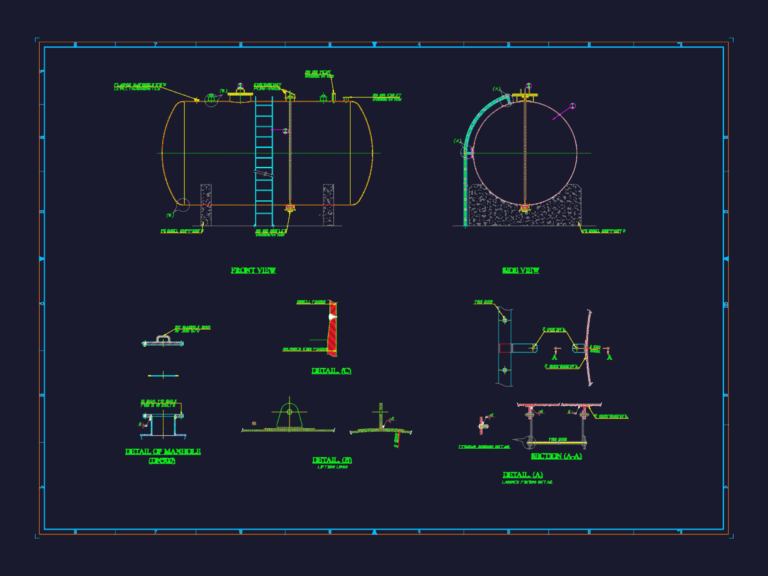 CAD drawing of an industrial acid storage tank showing shell dimensions, manhole, and vessel support details.
