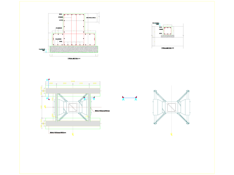 Typical crane foundation CAD drawing showing plan view and cross-sections with rebar reinforcement details.