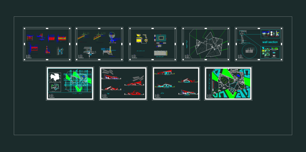 Architectural layout of a stadium complex including site plans, building elevations, and construction wall details.