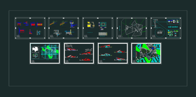 Architectural layout of a stadium complex including site plans, building elevations, and construction wall details.