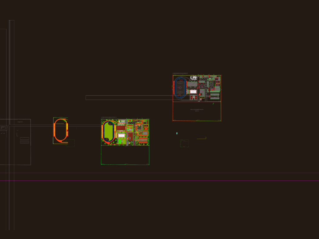 General layout plan of a large sports complex including a stadium, swimming pools, and athletic track.