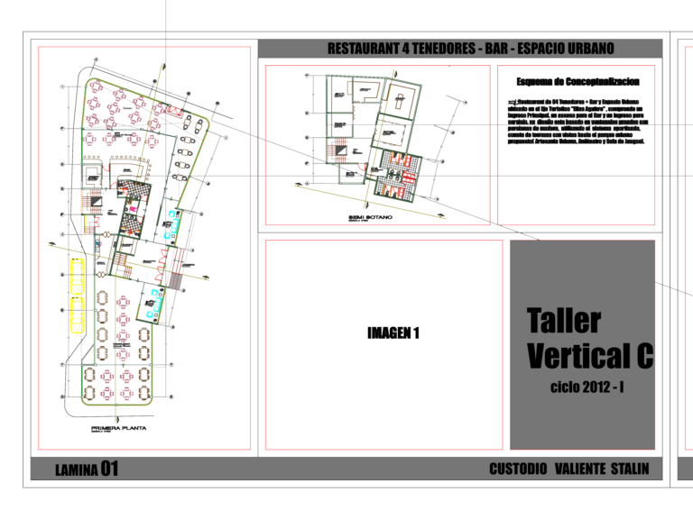 CAD drawing showing restaurant floor plans with table layouts and bar area.