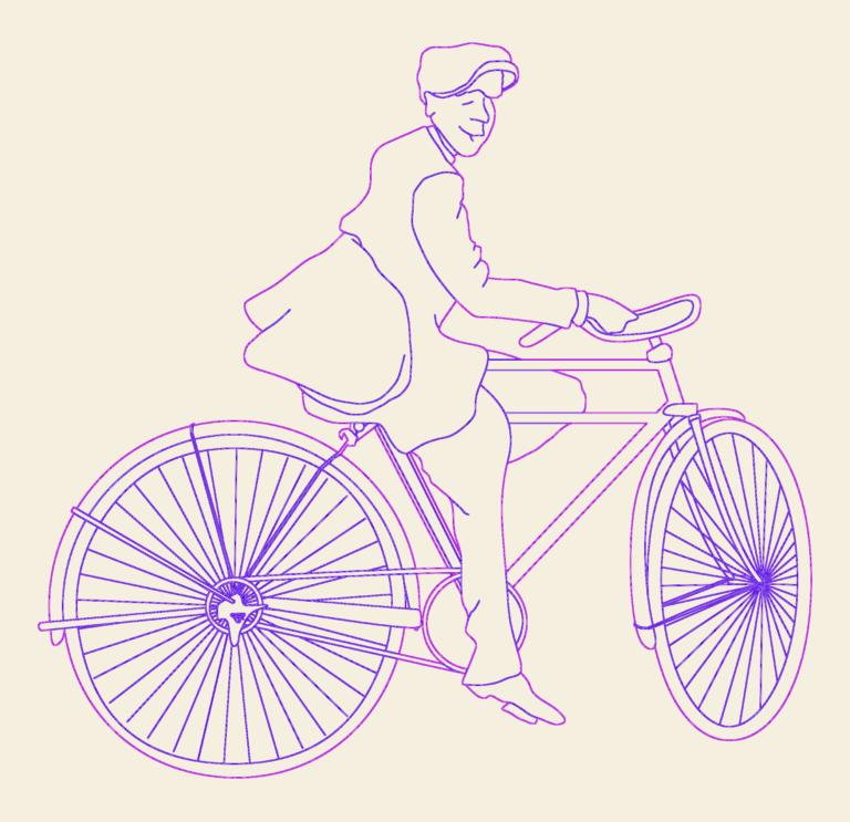Minimalist 2D line drawing of a man riding a bicycle in elevation view.