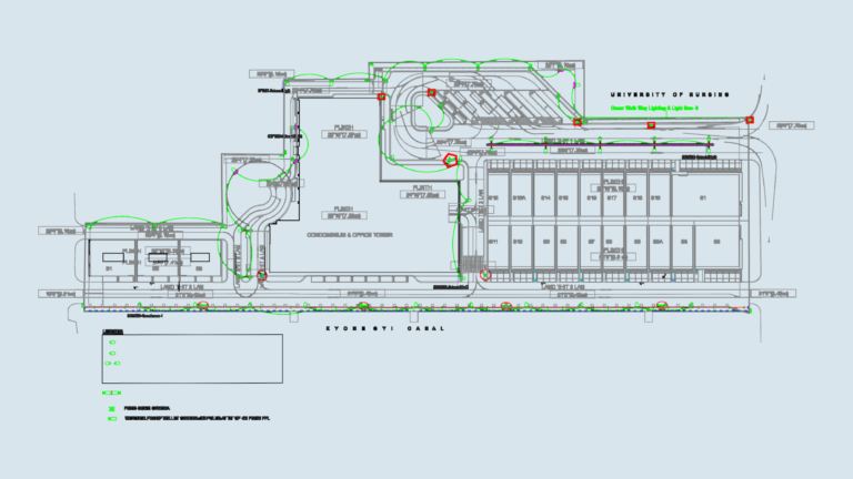 CAD drawing showing the master plan for external CCTV camera placement and lighting layout for a building complex.