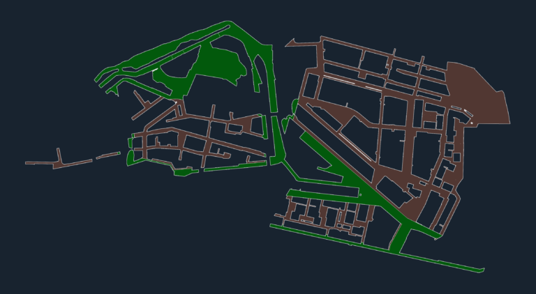 Urban site plan with green and brown shaded zones representing public spaces in a development area.