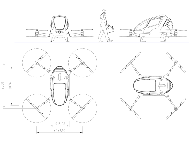 Autonomous Passenger Drone DWG Block Set with Top Side and Front Elevations