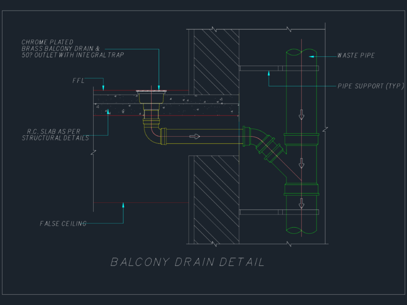 Balcony Drain Installation Section Detail with Integral Trap