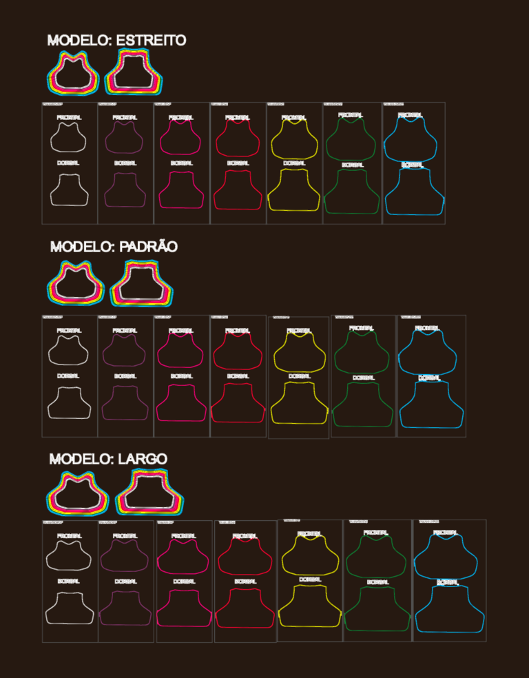 Multiple 2D CAD patterns for police ballistic vest panels in various sizes and fits.