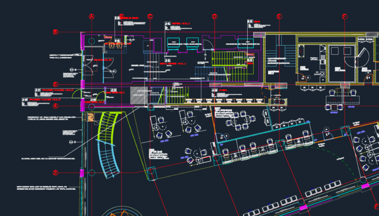 CAD floor plan of a bank branch showing furniture layout, lobby, security room, and technical material annotations.