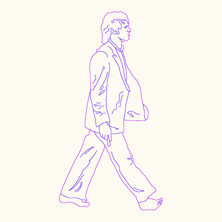 Side view outline of a barefoot man in a suit walking.