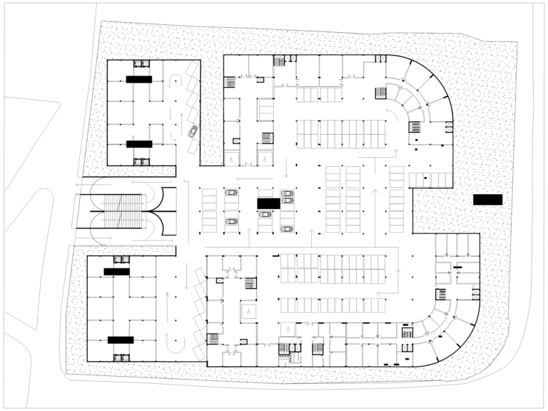 Architectural floor plan of a basement parking level showing car stalls, ramps, and stairwells.
