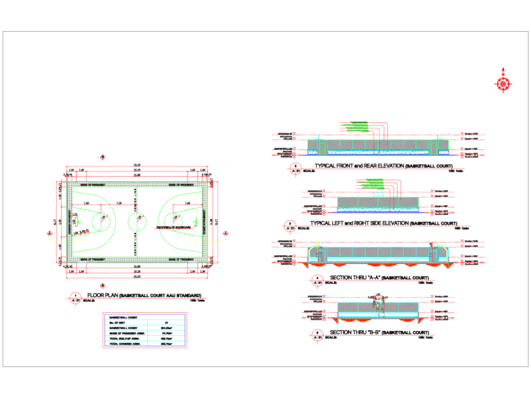 AAU standard basketball court CAD drawing showing floor plan, elevations, and sections with dimensions.