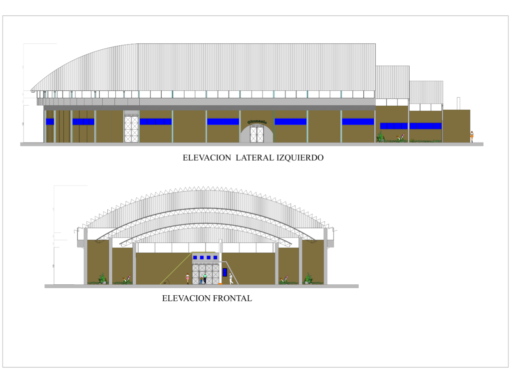 Front and side architectural elevations of a large basketball gymnasium with an arched roof.