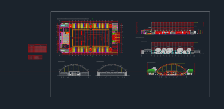 CAD drawing showing floor plan, elevations, and sections of a basketball sports stadium.