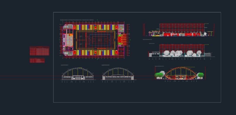 Basketball Stadium DWG with Plans Elevations and Sections