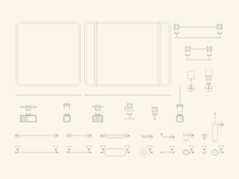 Elevation drawings of bathroom accessories including mirrors, towel bars, sconces, and toilet brush holders.