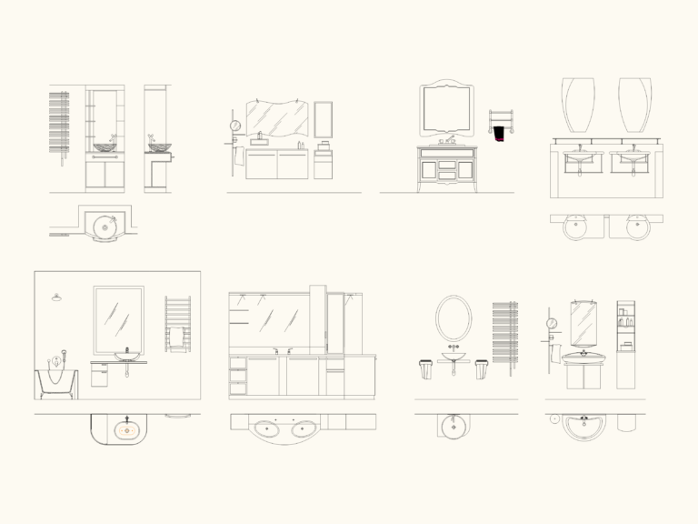 Multiple bathroom vanity elevation drawings showing sinks, mirrors, faucets, and towel racks in metric CAD format.