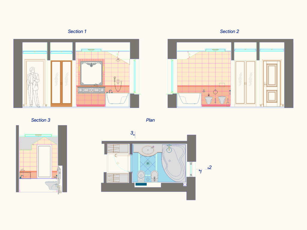 CAD drawing of a bathroom layout showing a plan view and three interior elevations with wall tiles and fixtures.