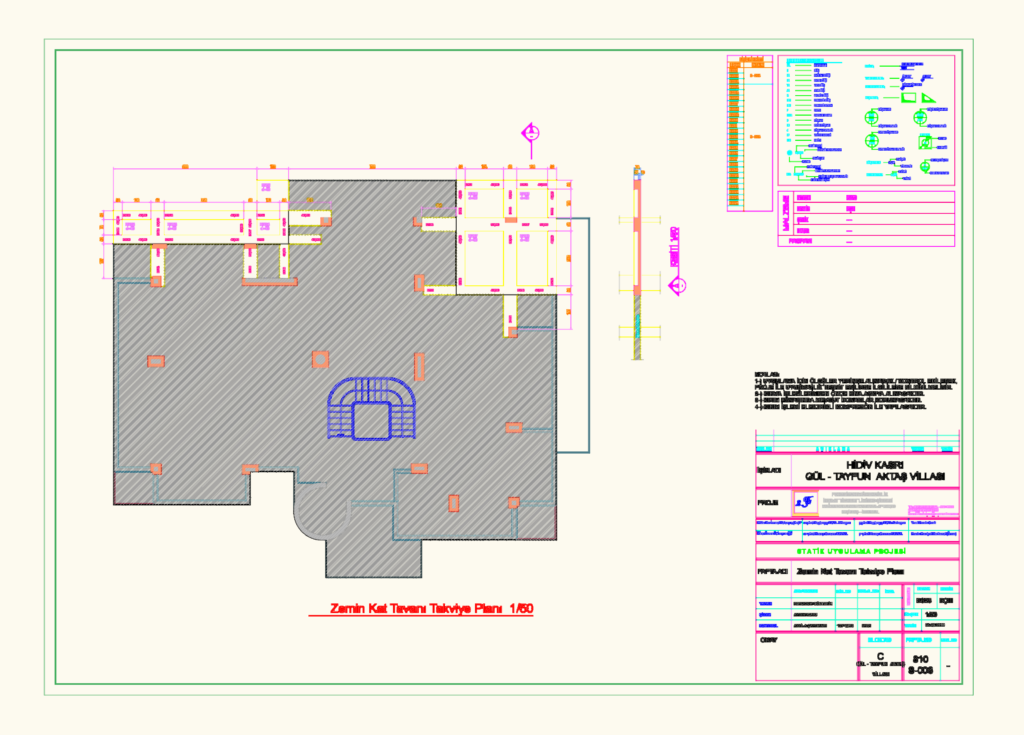 Structural reinforcement plan for a villa ceiling with beam details, annotations, and legend in Turkish.